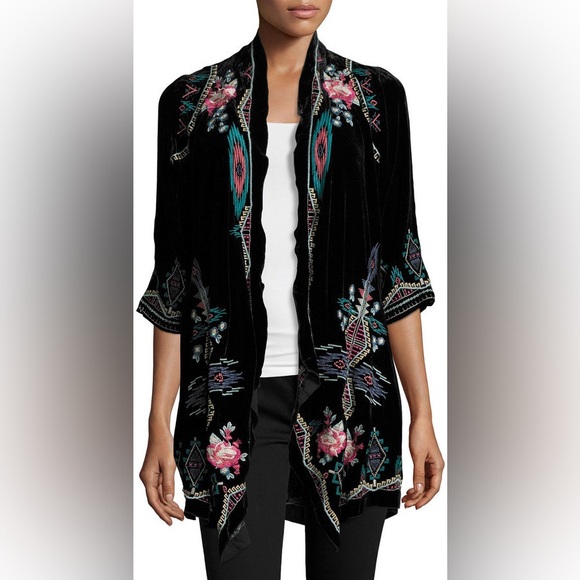 Johnny Was Aveza Black Velvet Kimono Cardigan 2X Silk Blend Bohemian Luxury